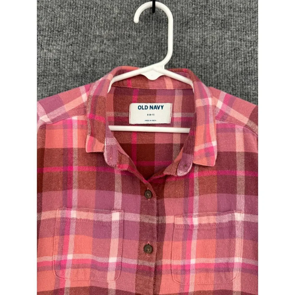 Old Navy Girls Plaid Flannel Button Up Shirt Size 6/7 Pink Cropped Boxy Cotton